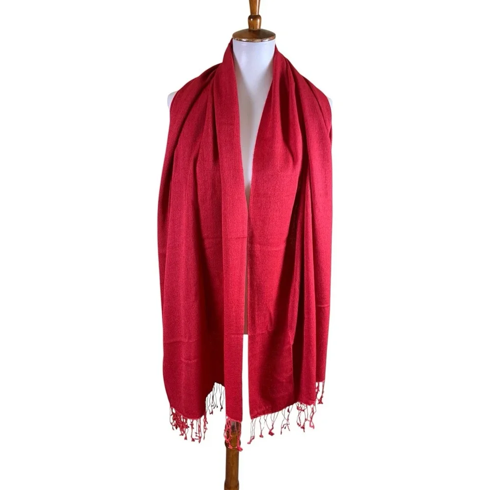 Bloomingdales Red Silk Cashmere Blend Fringe Scarf Wrap Shawl